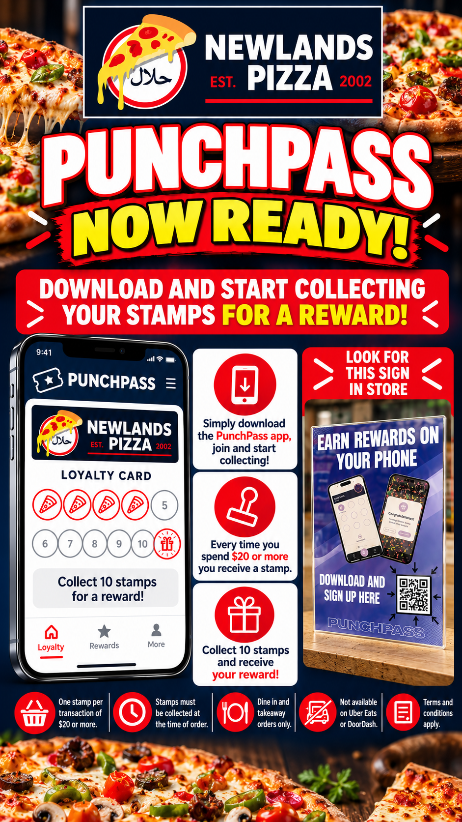 Newlands Pizza PunchPass loyalty program now ready. Download PunchPass in store, collect a stamp when you spend $20 or more, and receive a reward after 10 stamps.